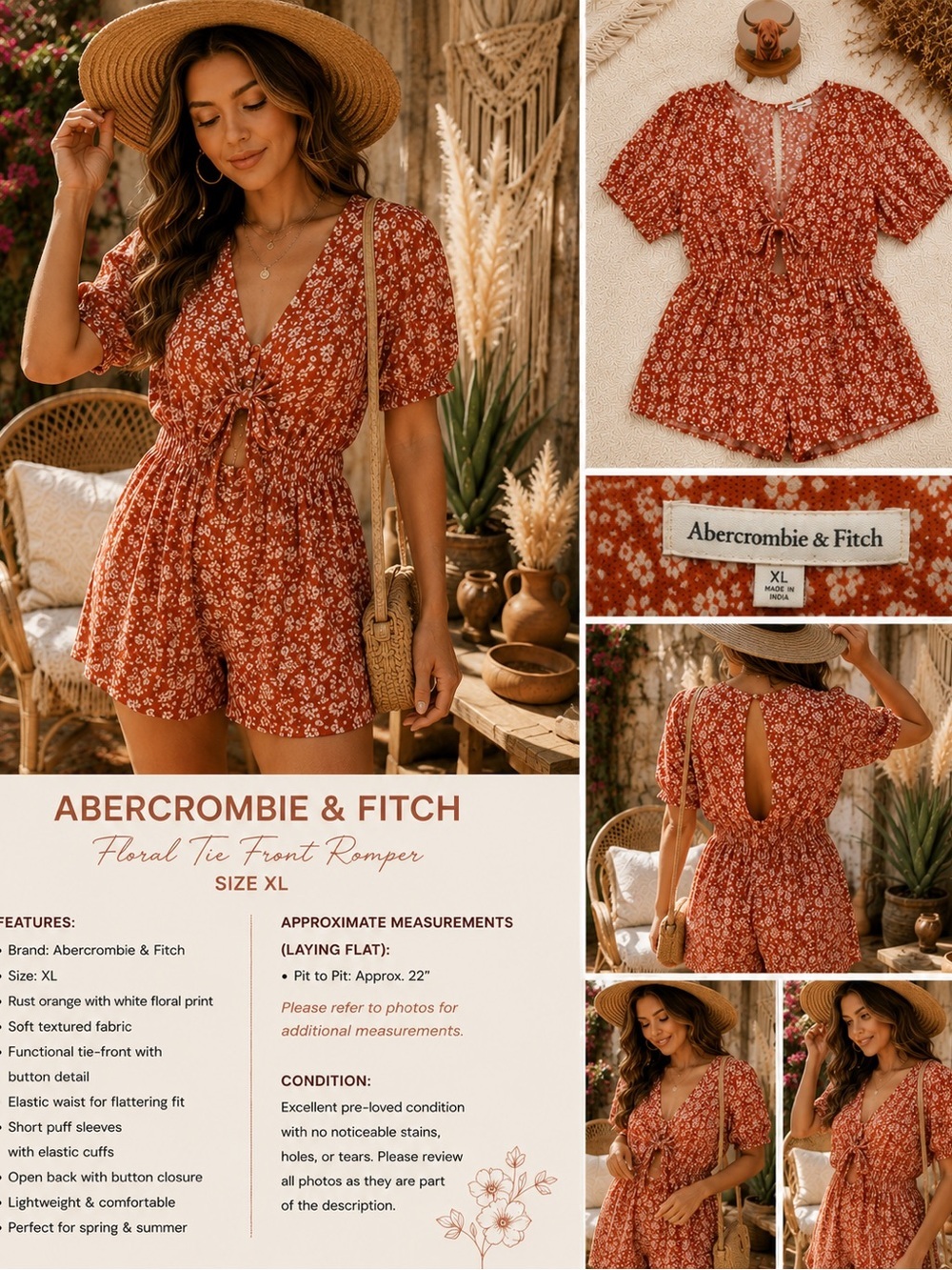 Abercrombie & Fitch Rust Floral Tie-Front Romper